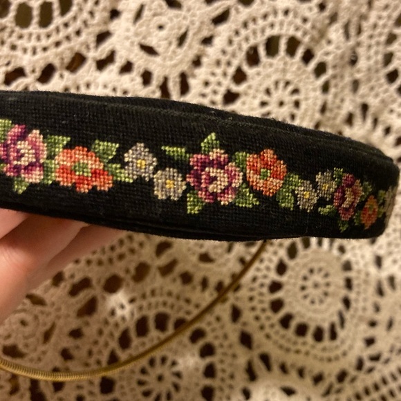 Vintage Circular Clutch Black Bag With Stitched Florals, Gold Accents - Picture 7 of 17